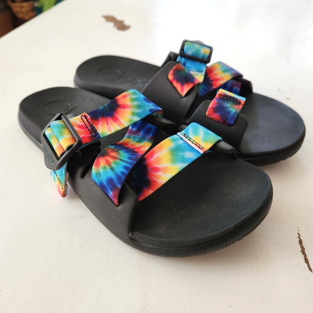 Chacos Slides Rainbow Tie Dye Sandals Women's W8 Black‎ Comfort